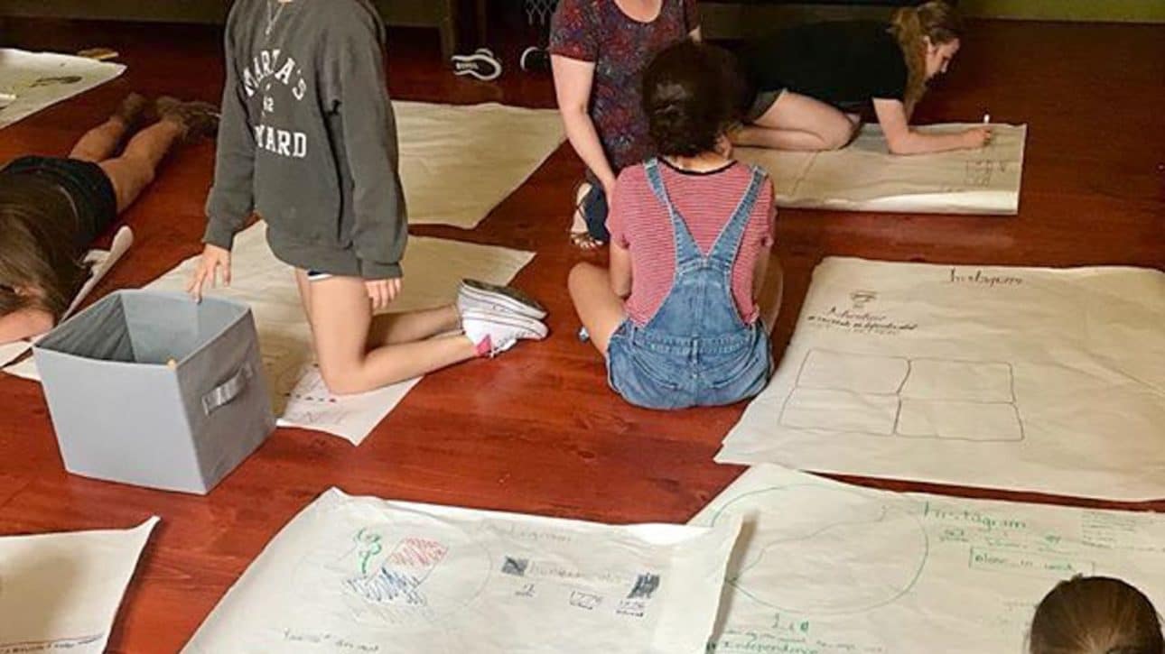 Students in expressive arts class drawing on posters