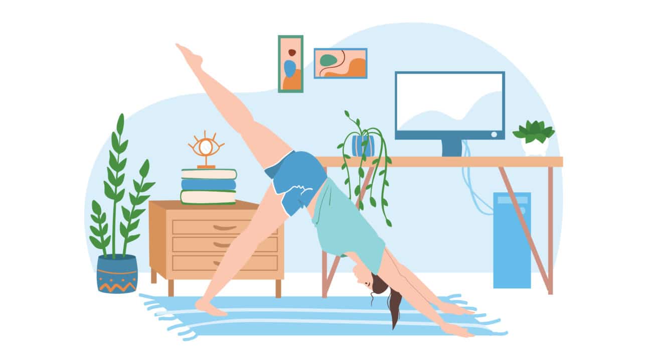 Young woman yoga in her home office with furniture in the background