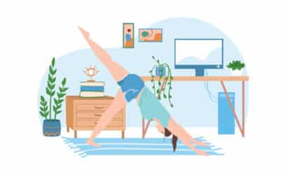 Young woman yoga in her home office with furniture in the background