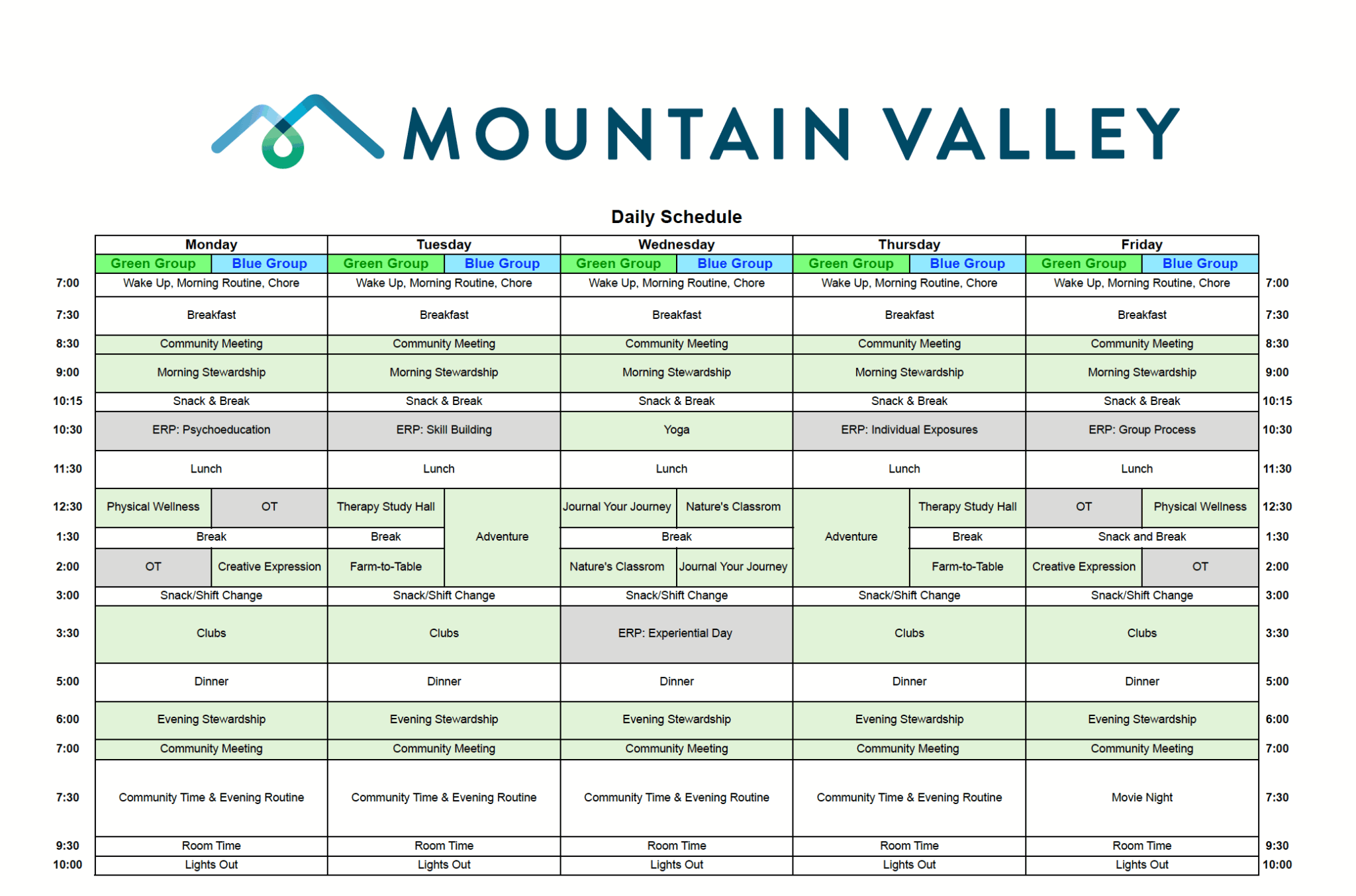 Mountain Valley Weekly Schedule Mountain Valley Weekly Schedule